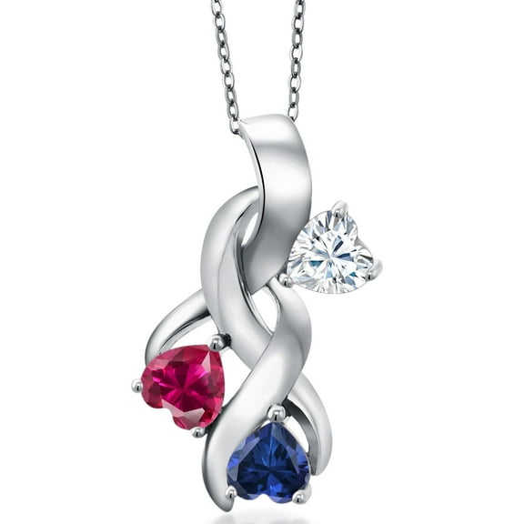 Gem Stone King 1.52 Cttw White Moissanite Red Created Ruby and Blue Created Sapphire 3-Stone Pendant for Women | 925 Sterling Silver | Heart Shape 5MM | With 18 inch Silver Chain