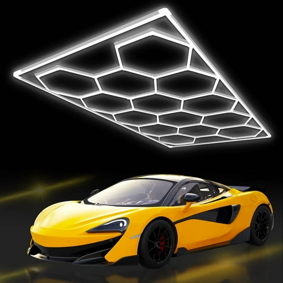 Adewalk Hexagon Garage Lights LED, Super Bright 672W 87360LM 6500K Daylight White Ceiling Shop for hex Lights Garage Warehouse Basement Gym Detailing Shop Wash Room with Rectangle Frame