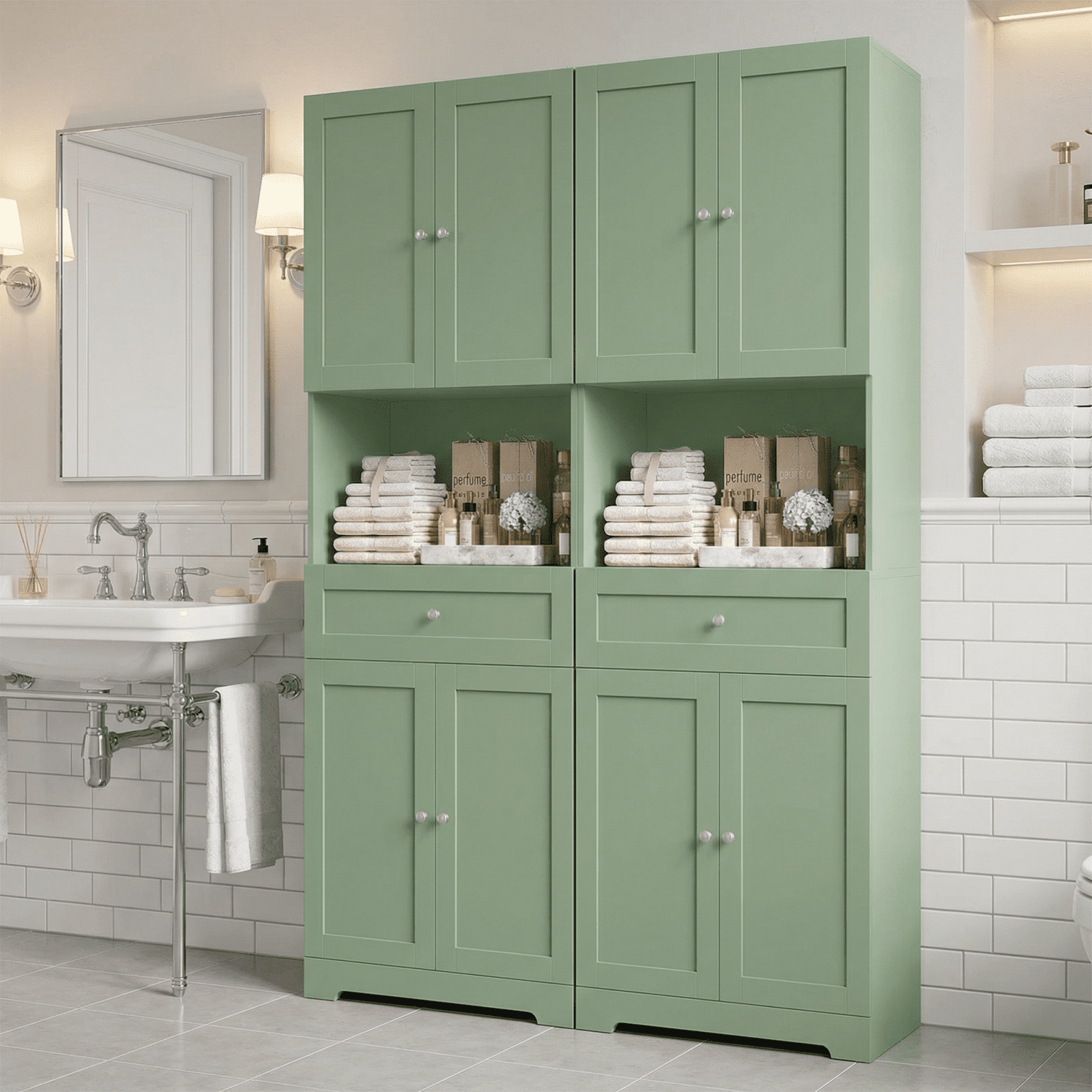 Homfa 67.5" Tall Modern Bathroom Storage Cabinet with Drawer, 4 Door Modern Freestanding Storage Cabinet Cupboard, Green