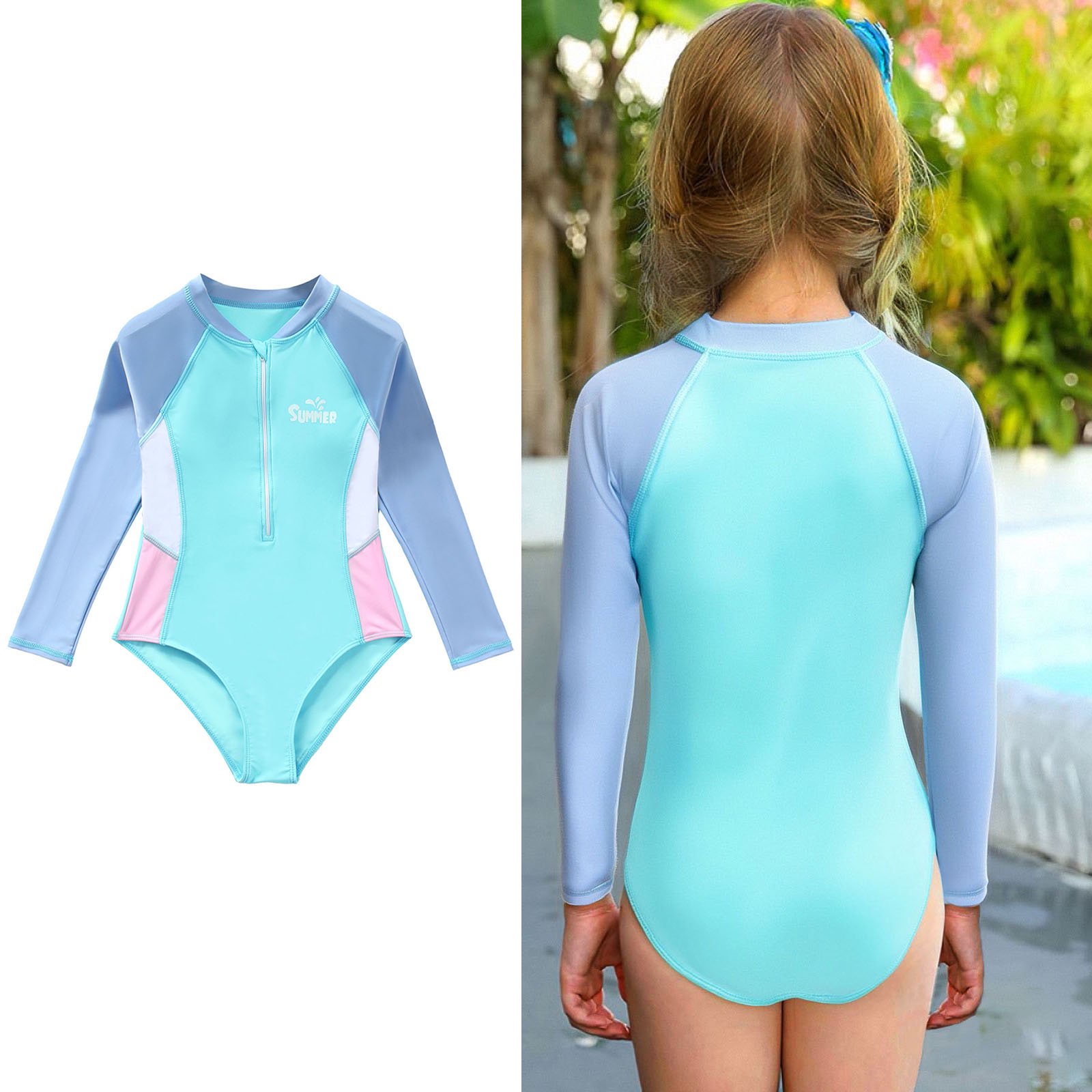1 Piece Girls Swimsuit Long Sleeve Bathing Suit Quick Dry Swimwear Color Block Athletic Swimsuits for Girls 10-11 Years
