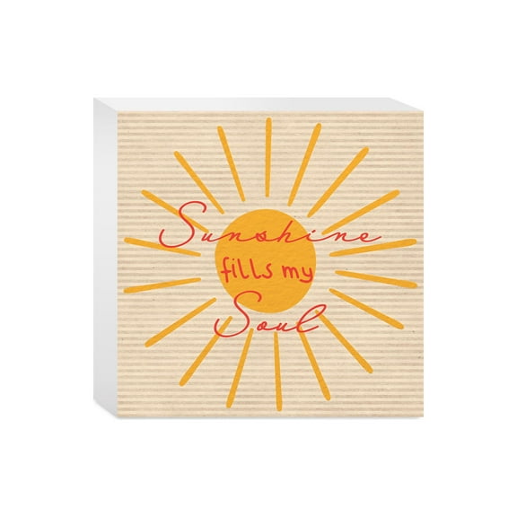Sunshine Fills Soul Yellow Rays Stripe 5 x 5 Wood Tabletop Sign Plaque