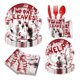 thumbnail image 3 of Juego de Vajilla Desechable para Fiesta Temática de Halloween con Bandera de Mano Ensangrentada: Platos, Servilletas, Manteles de Plástico y Pancartas Decorativas, Imprescindible para Fiestas de Terr, 3 of 4