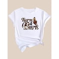 thumbnail image 2 of Camiseta informal de manga corta para mujer con estampado de vaquero y caballo, con la inscripción de leopardo "Turn & Burn", cuello redondo, ideal para practicar deporte., 2 of 7