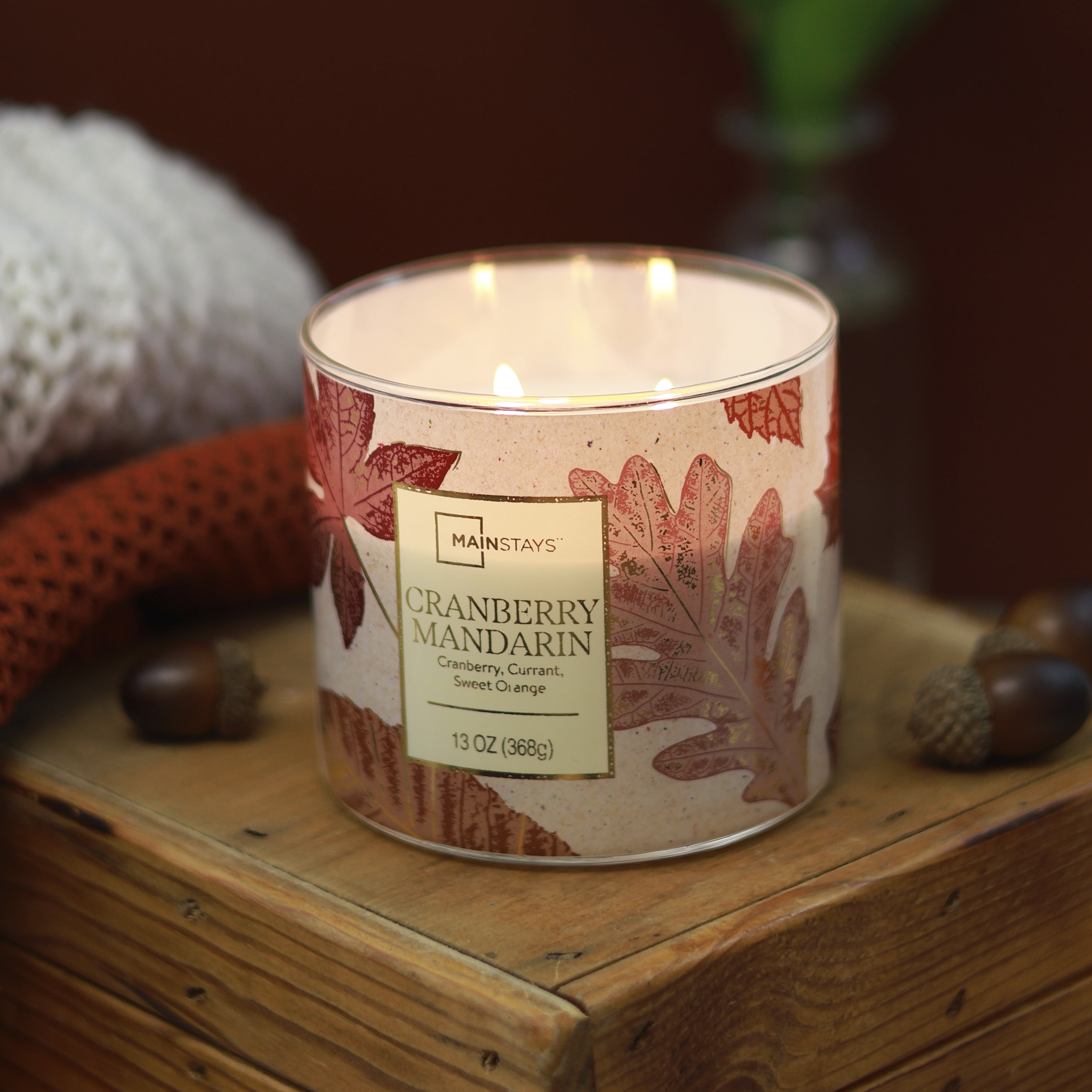 Mainstays 3-Wick Cranberry Mandarin With a Leaf Design, 13-Ounce