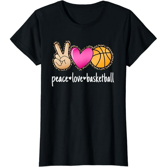 Peace Love Basketball Leopard Print Girls Women Basketball T-Shirt