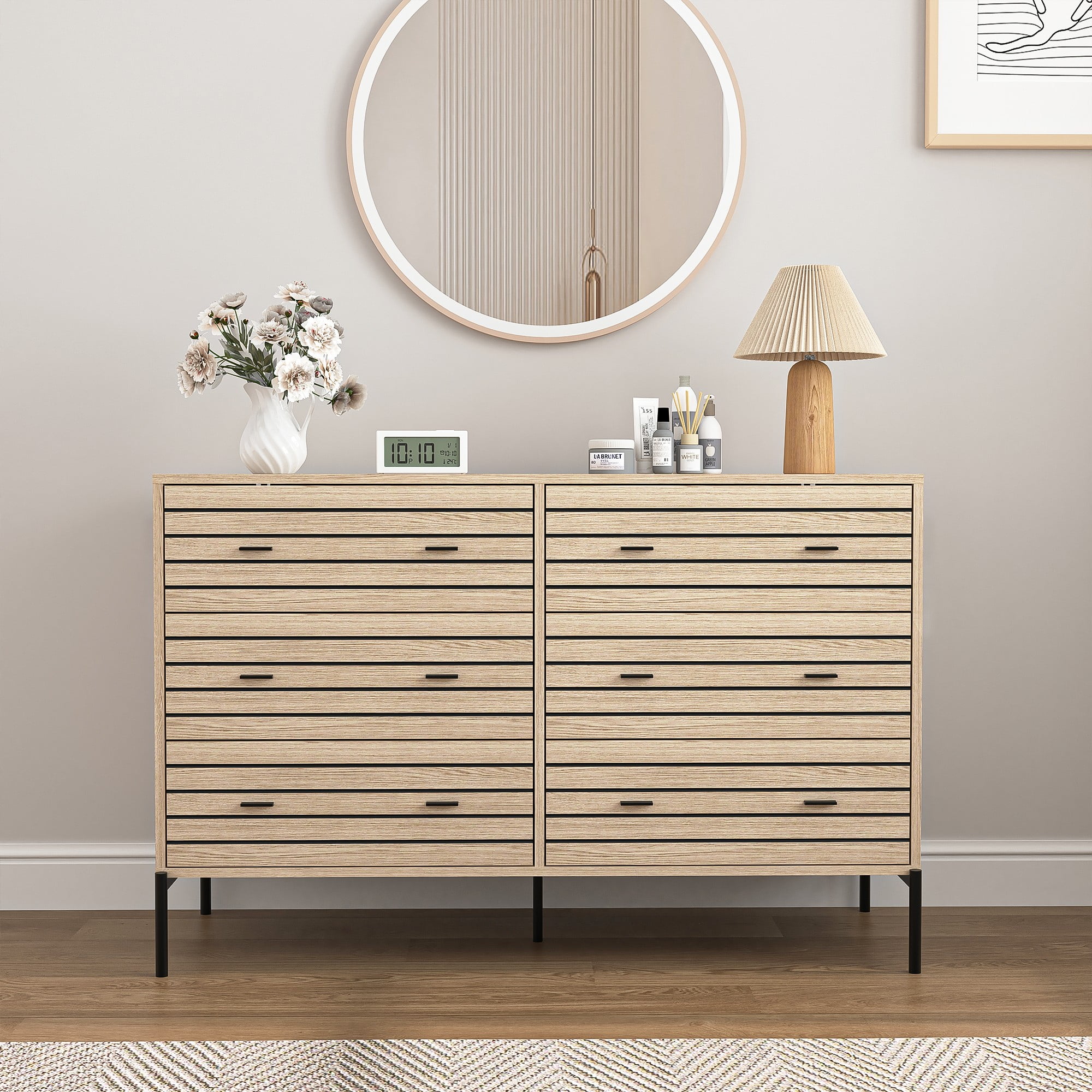 Finihen 6 Drawers Dresser, 47" Wide Modern Chest of Drawers with Curved Profile Design, Wood TV Stand Organizer for Bedroom, Living Room, Hallway, Beige