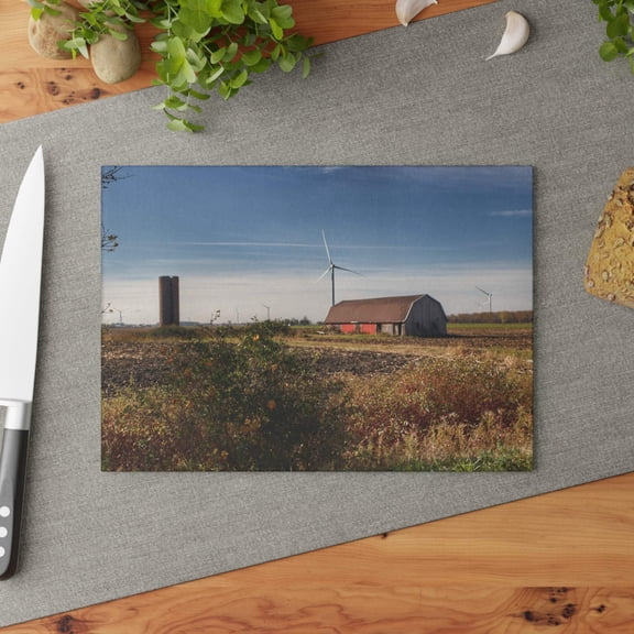 U R There Photography Darbee Road Red and Silo Rustic Farmhouse Tempered-Glass Cutting Board 8"x 11"