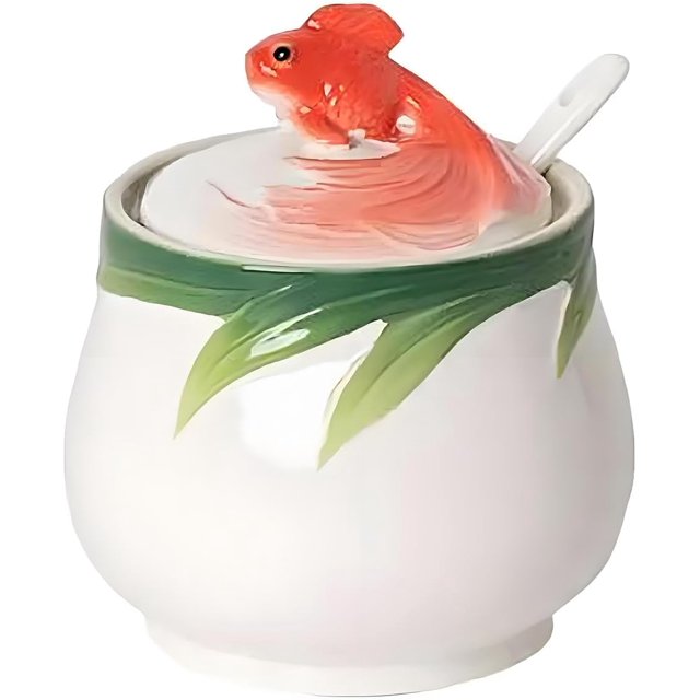 YISITIAN Fish Ceramic Sugar Bowl with Lid and Spoon, 3D Relief Design Salt and Spice Container for Kitchen Countertop, Decorative Aquatic Theme Jar for Dining Table, 6 OZ AZ1014-4604