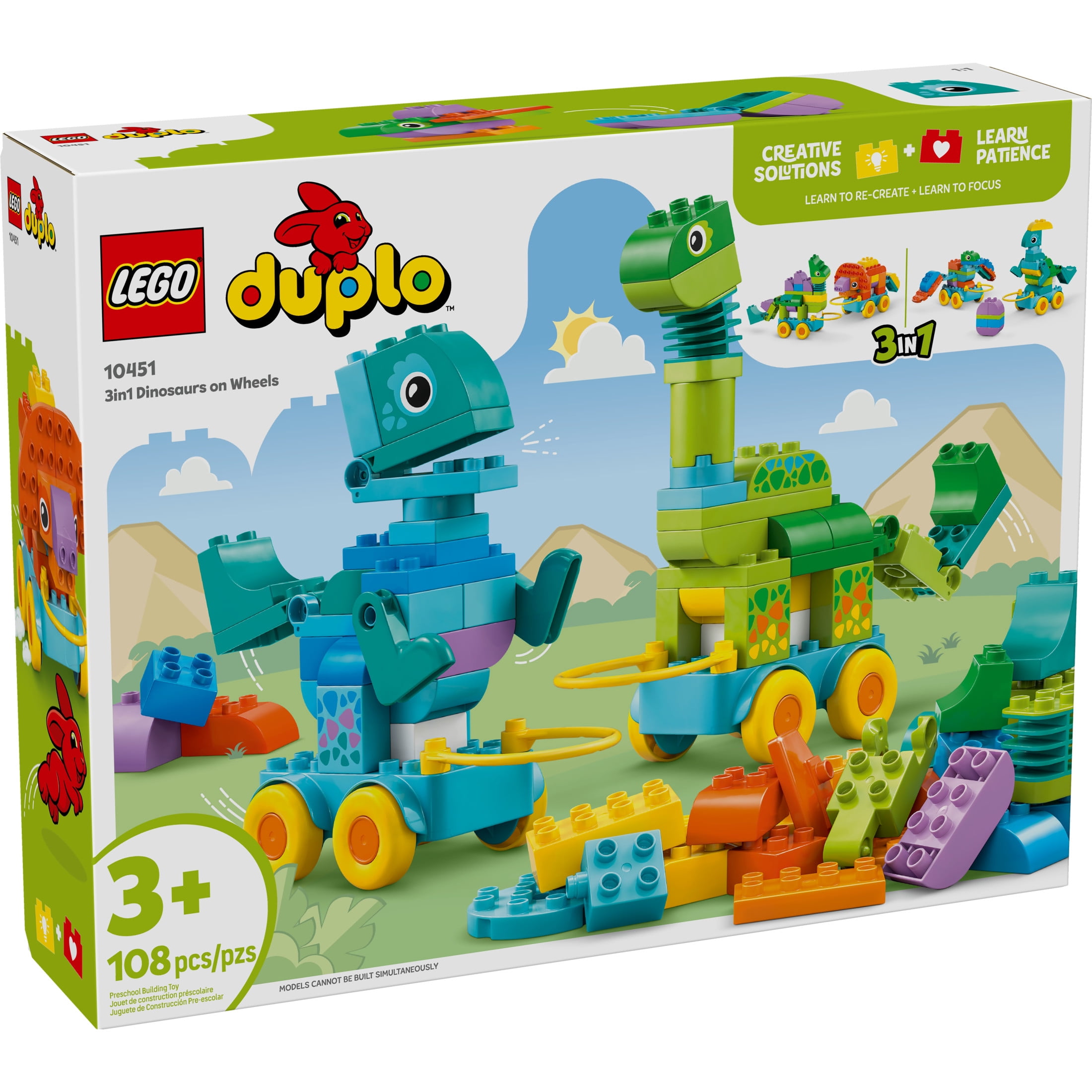 LEGO DUPLO Town 3 in 1 Dinosaurs on Wheels Learning Toy for Toddler Boys & Girls, Ages 3+ - Building & Education Play Set Teaches Problem-Solving Skills Through Play - Preschool Gift Idea - 10451