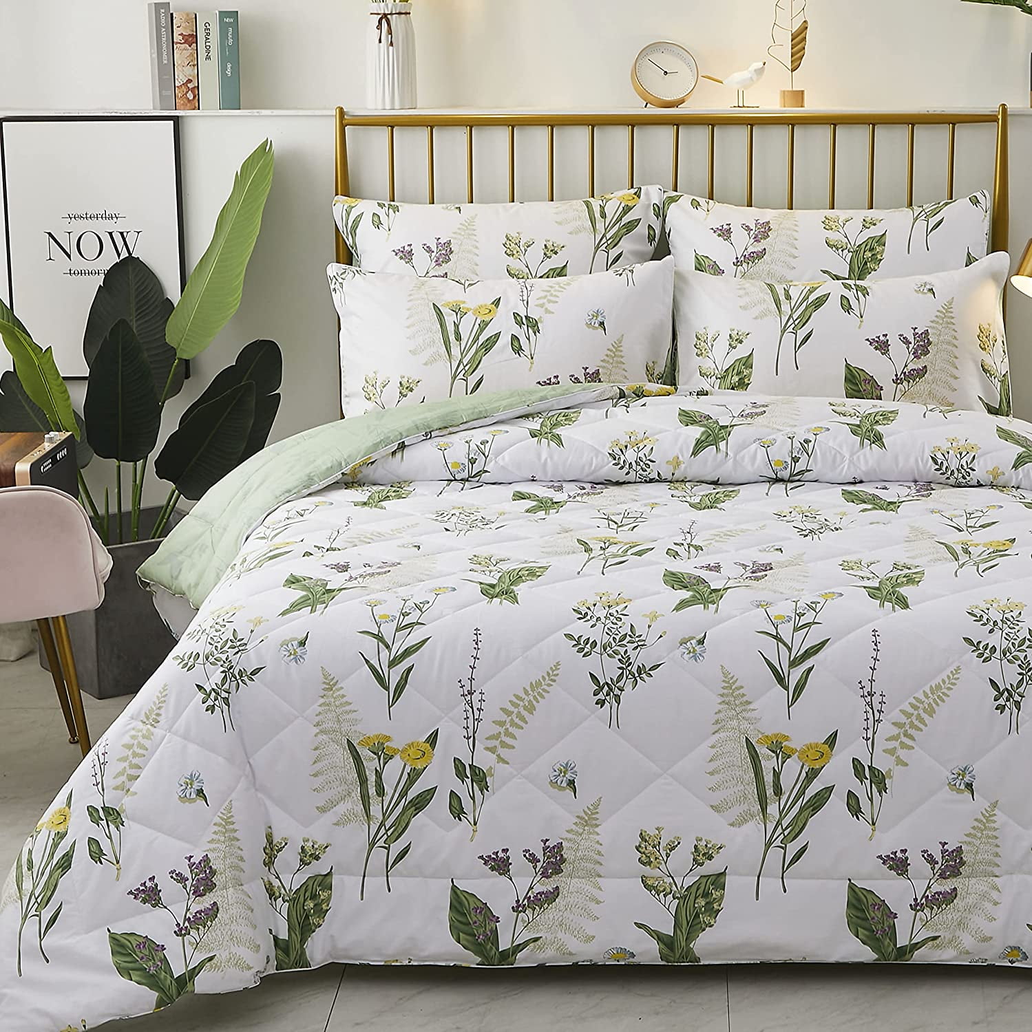 Floral Comforter Set Queen Reversible Botanical Flowers Leaf Printed Bedding Do 