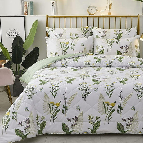 LANPEI Daisy Floral Comforter Set, Twin Size Cotton Fabric Lightweight Summer Quilt Printed Bedding Microfiber Filled Soft Daisy Botanical Green Leaves Down Reversible Bedding 3 Pcs
