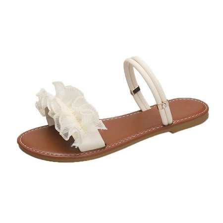 

Lovskoo 2024 Women s Sandals Comfortable Dressy Summer Open Toe Lace Ruffled Low Heels Strap Thick Heel Sandals White