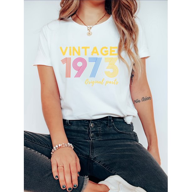 Vintage 1973 Print Casual Sports T-shirt, Round Neck Workout Short Sleeves Tops, Women's Activewear