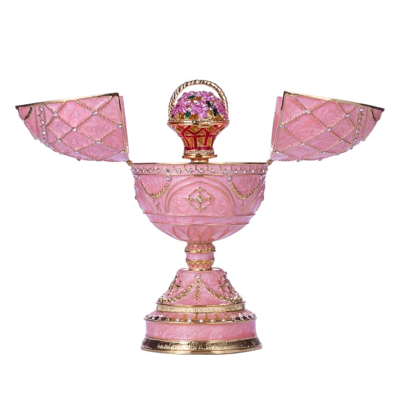 danila-souvenirs Faberge style Egg / Music Box / Trinket Jewel Box with Basket of Flowers 6.8'' (17 cm) pink