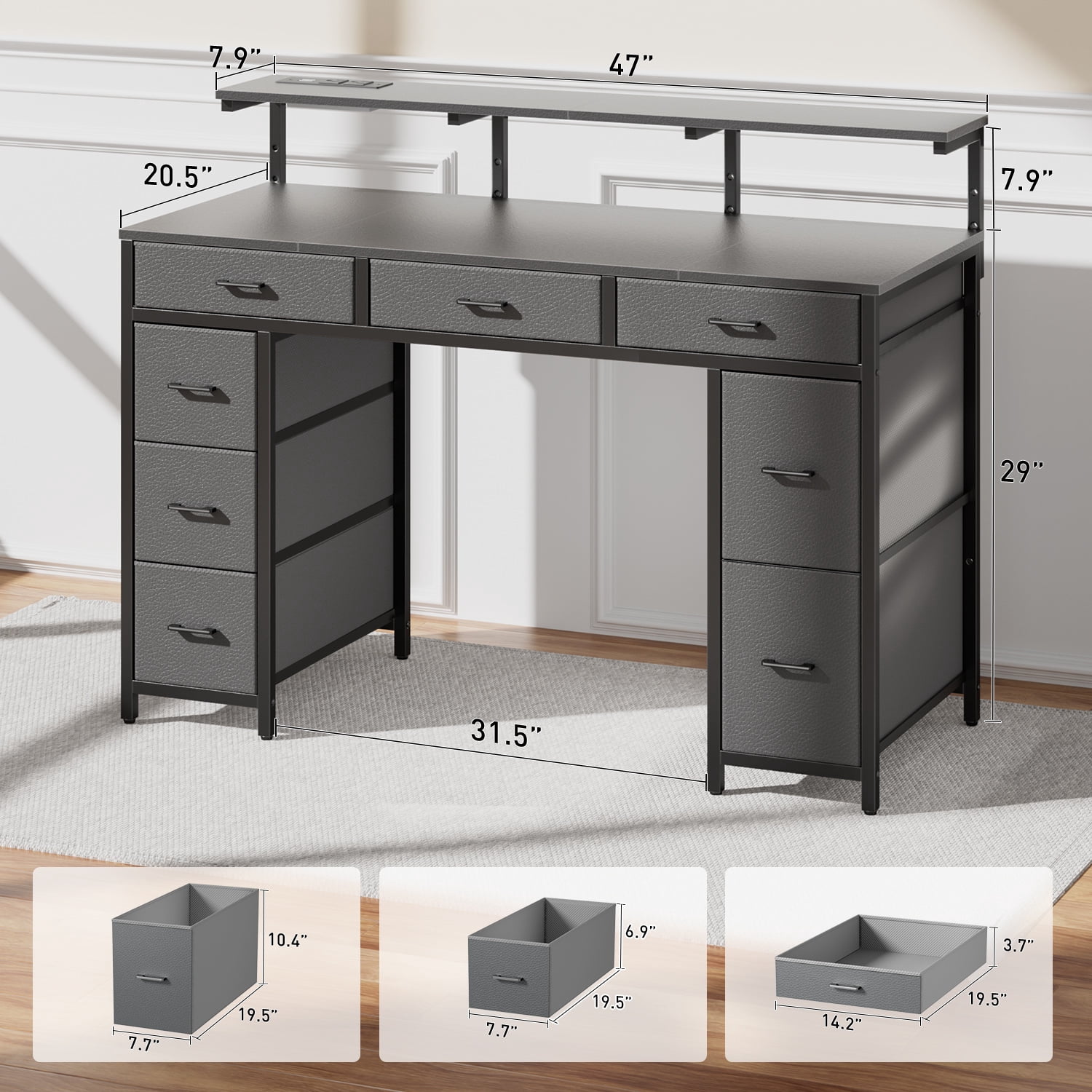 HLDIRECT 47 inch Computer Desk with 8 Drawers, Gaming Desk with LED Lights & USB Power Outlets, Home Office Table with Monitor Stand, Grey