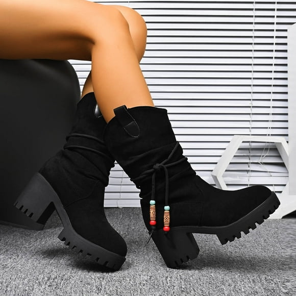Fankiway Women's Slouchy Boots for Women Suede Mid Calf Round Toe Lazy Style Western Fashion Casual Footwear Black