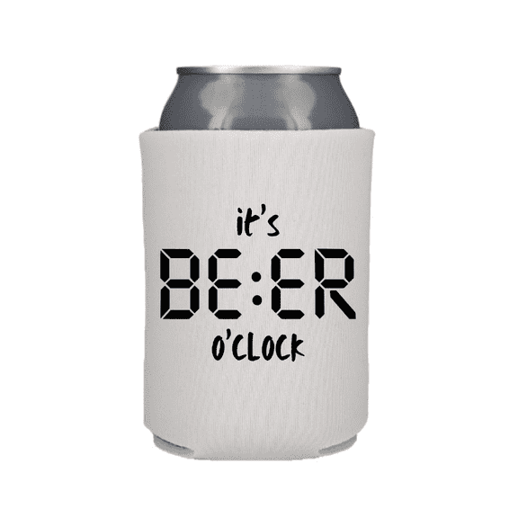 Funny Beer Can Cooler, It's Beer O'clock, Funny Coolies Drink Accessory, Beer Sleeves, Party Gift Favors (White)