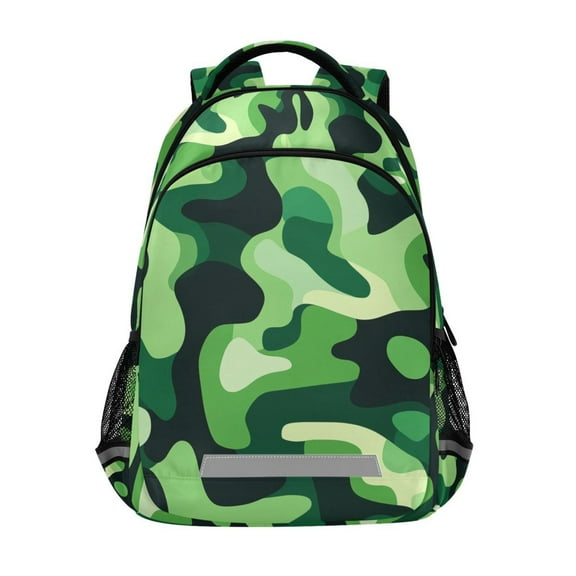 FORMRS Unisex Backpack Elementary School Travel Bookbag with Reflective Stripes, Green Camouflage Pattern