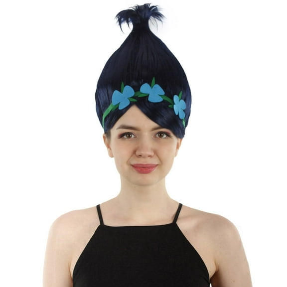 HPO Adult Women's Princess Troll Wig – Dark Blue Pointy Cosplay Hair with Flower Crown for Halloween & Party