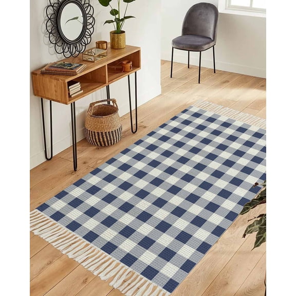 Navy Blue White Plaid Washable Area Rug 3'x5', Farmhouse Checkered Buffalo Woven Cotton Tassels Kitchen Rugs, Non Slip Indoor Door Mat Throw Carpet for Entryway Living Room Nursery Laundry Room