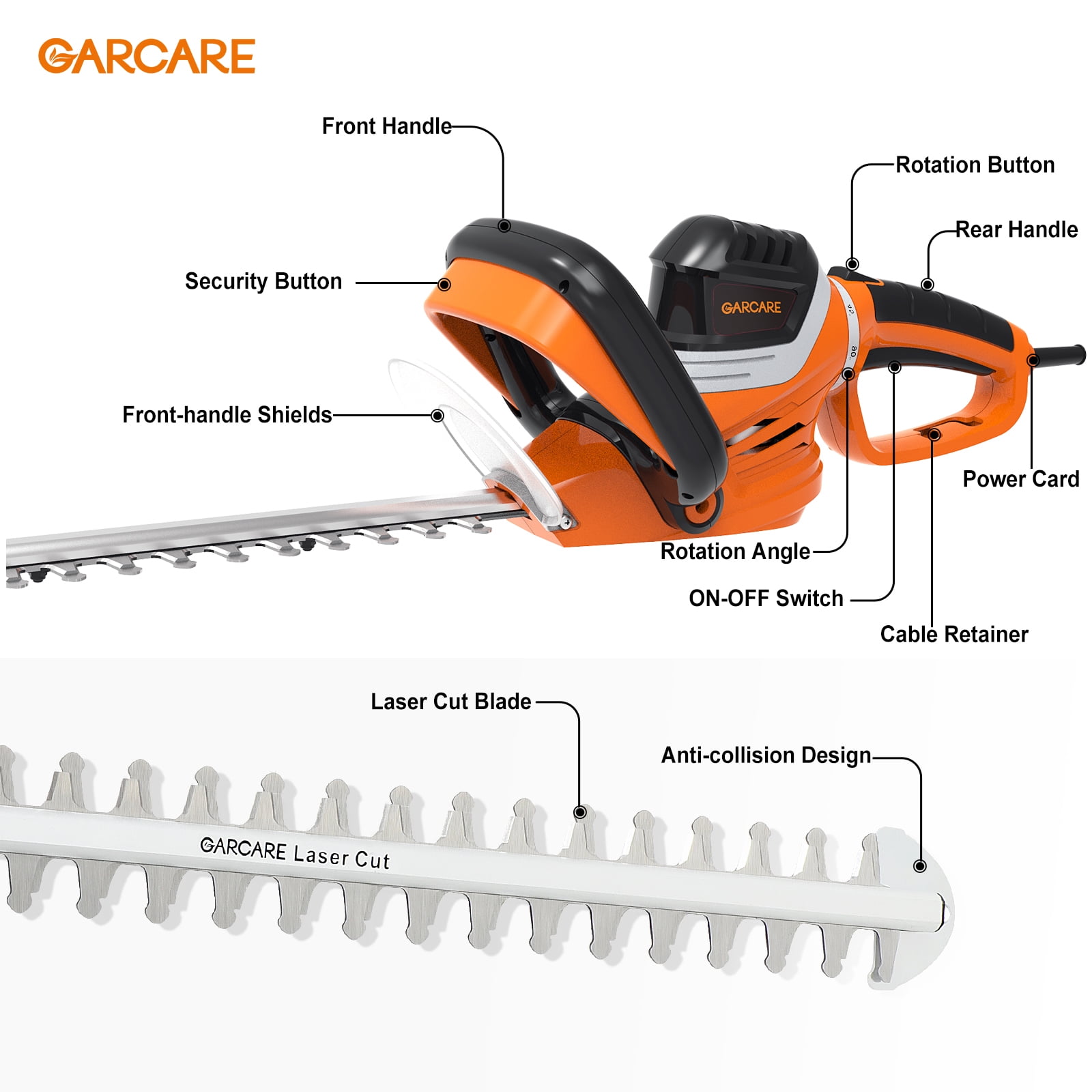 GARCARE Electric Hedge Trimmer Corded Branch Cutter Hedge Shears 4.8A 610mm Laser Cutting Blade 18mm Cutting Capacity Rotary Handle
