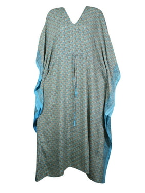 Mogul Women Blue Beige Maxi Kaftan V-Neck Printed Kimono Sleeves Resort Wear Housedress Holiday Caftan Dresses 2X