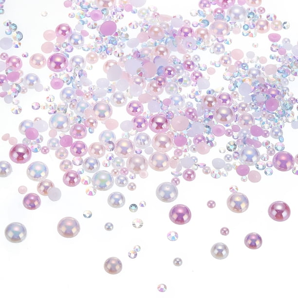 Perlas planas y piedras brillantes de 3-10 mm, perlas y piedras brillantes de tamaño mixto para arte de uñas DIY, mezcla de rosa, púrpura y blanco 60g