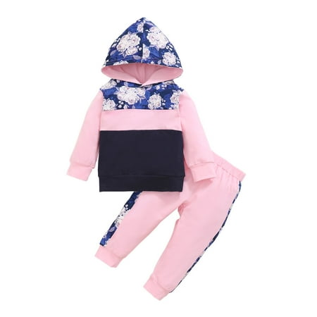 

OLLUISNEO Infant Baby Girls Pants Outfits 18 Months Winter Clothes 24 Months Printed Stitching Hooded Long Sleeve Top Pants 2 PCS Set Blue Pink Black