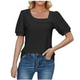 thumbnail image 2 of Sakmal Black Womens Tops&nbsp; Short Sleeve Puff Sleeves Solid Scoop Neck T-Shirts Womens Shirts, 2 of 3