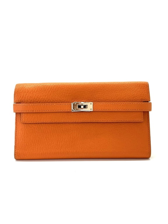 Pre-Owned Hermes Kelly Wallet, Chevre Orange Leather, B Stamp