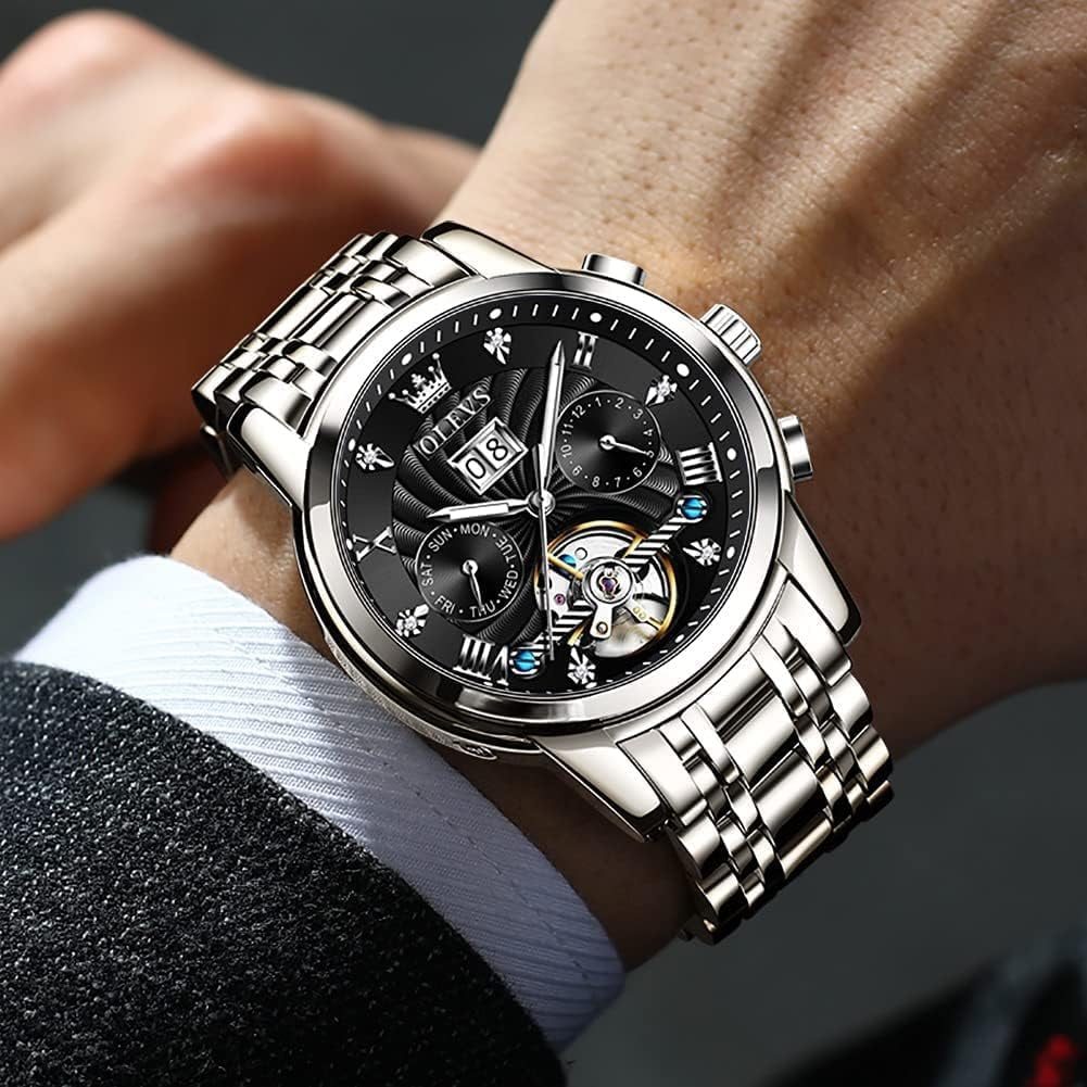OLEVS Watch for Men Automatic Skeleton Tourbillon Mechanical Self Winding Business Luxury Dual Calendar Stainless Steel Luminous Waterproof Man Wrist Watches Black Dial