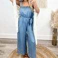 thumbnail image 2 of Wycnly Womens Jumpsuits Elastic Waist Vintage Denim Loose Strap Long Jumpsuits with Belt Trendy Solid Square Neck Sleeveless Maxi Summer Rompers Light Blue xl, 2 of 7