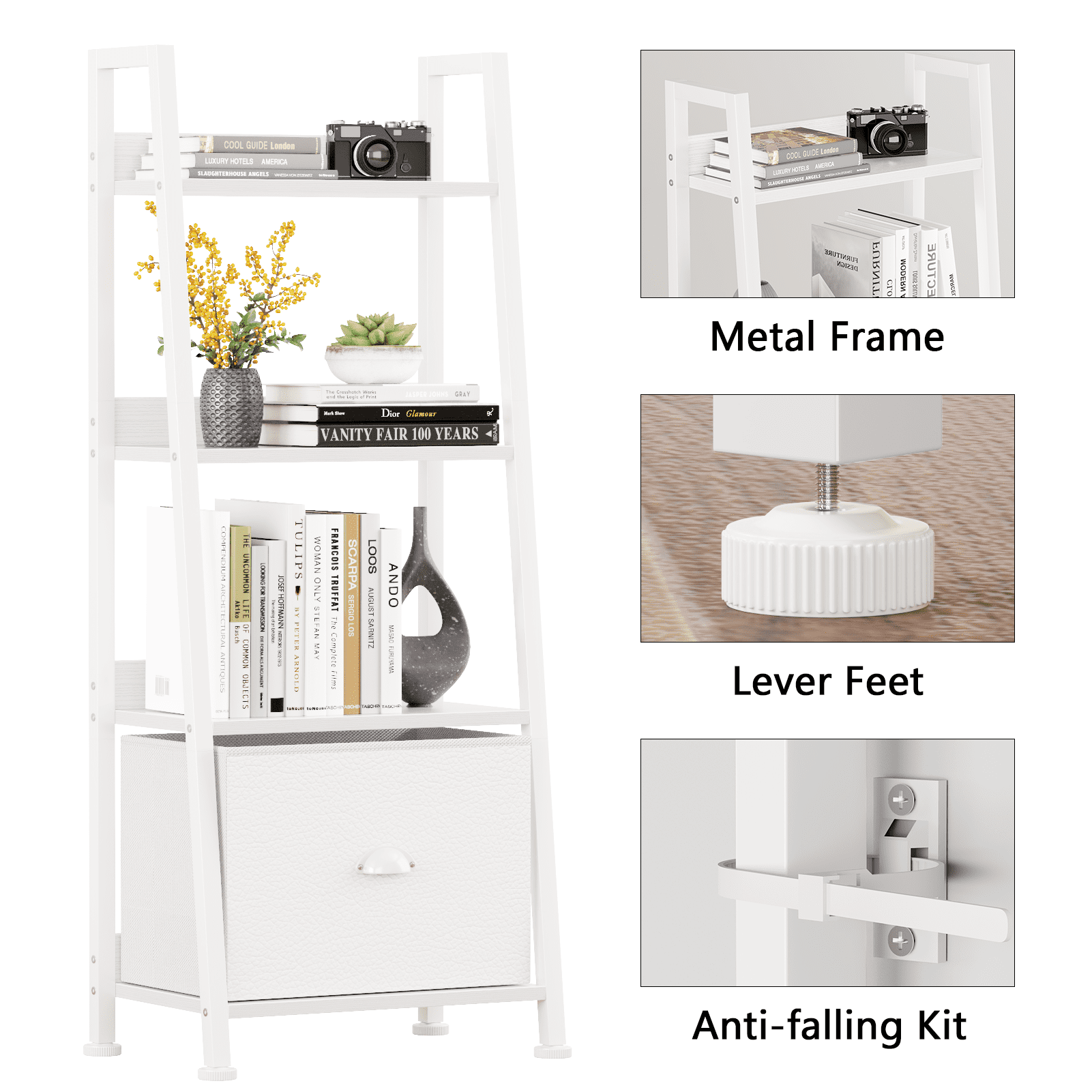 Tydimor 4 Tier Ladder Bookshelf With Drawer Leaning Bookcase Storage Display Shelf White