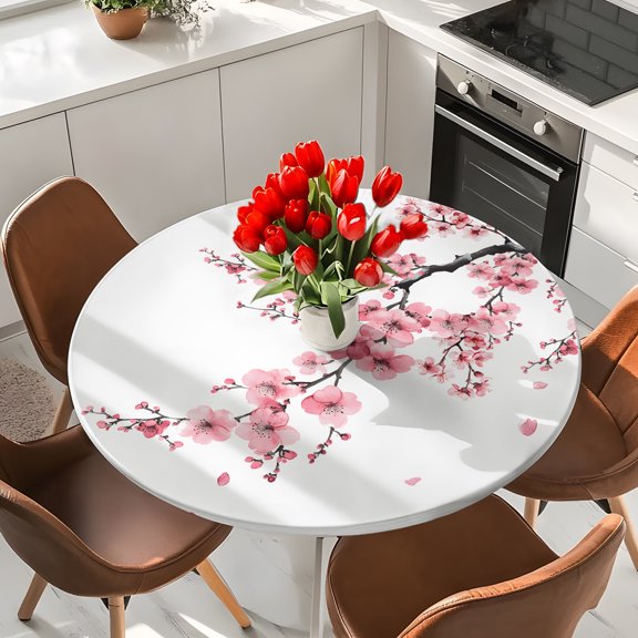 Cherry Blossom Elastic Fitted Round Tablecloth Pink Waterproof Outdoor Table Cover for Holiday Party, Picnic, Patio & Dining Fits Tables Up to 36"-44"