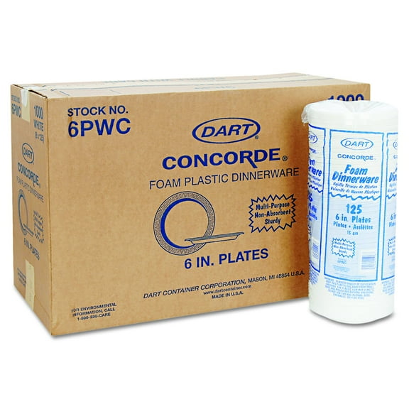 Dart Concorde Foam Plates, White, 6", 1000 Count