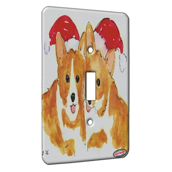 KuzmarK™ Single Gang Toggle Switch Wall Plate - Christmas Corgis Santa Hats Corgi Dog Art by Denise Every