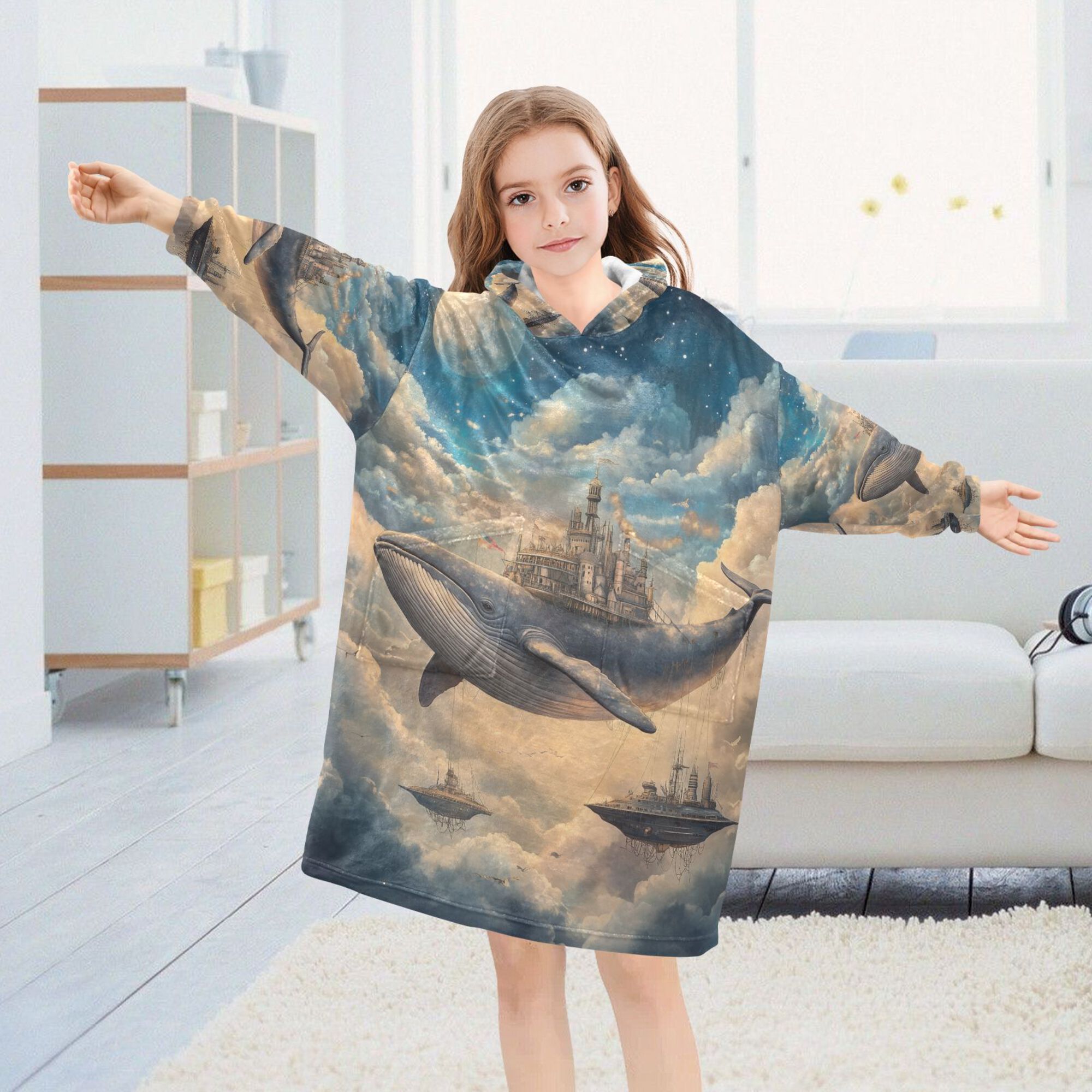 FORMRS Wearable Blanket Hoodie with Sleeves for Kids Cozy Flannel Sweatshirt, Floating Whale