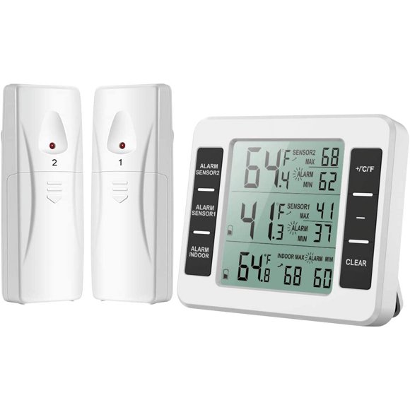 Fridge Thermometer, Refrigerator Thermometer with Freezer Alarm, Wireless Indoor Outdoor Thermometer with 2 Sensors, MIN/MAX and Temperature Alarm, Connected Thermometer for Home