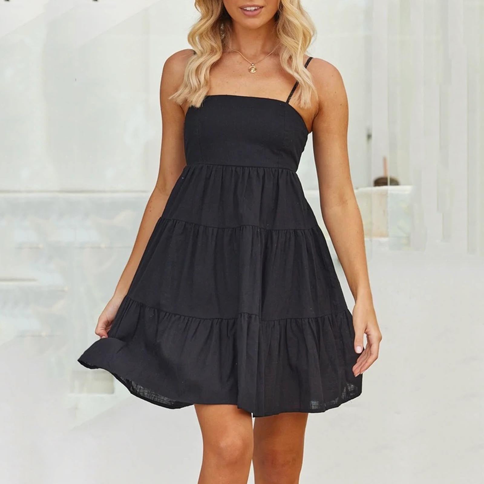 Homely Womens Black Dresses Womens Summer Mini Dress Casual Boho Sleeveless Spaghetti Strap Flowy Tiered Short Beach Sun Dresses Walmart