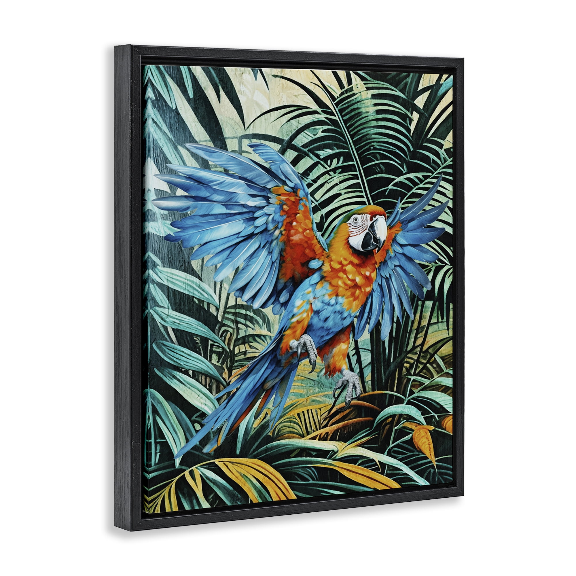 Stupell Industries Macaw in Flight Animals Painting Black Floater Framed Canvas Art Print Wall Art, 25 x 31
