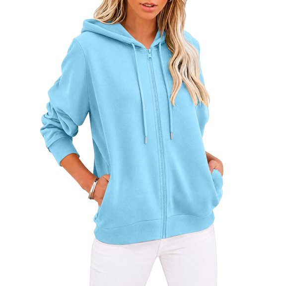 thefmos Women's Hooded Zip Up Sweatshirt Jacket with Pockets Solid Color Casual Coat Fashion Fall Winter Clothes, Sky Blue 3XL