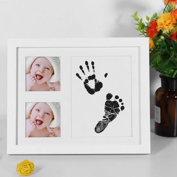 Kit de huellas de manos de bebé, marco de fotos de madera con tres cuadrículas, confiable y duradero