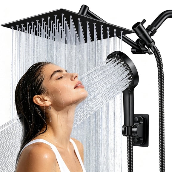 Shower Head, Multifunction High Pressure Rain Shower Head with Handheld Spray Combo with 11'' Angle Adjustable Extension Arm/Flow Regulator/Shower System Matte Black