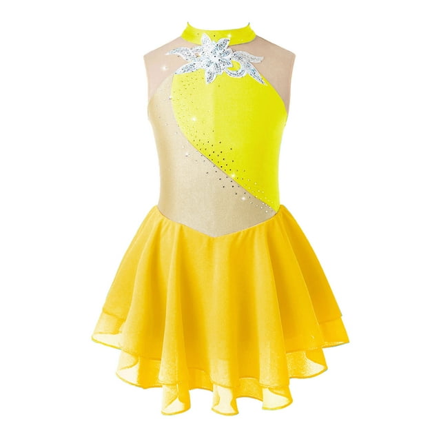 YiZYiF Figure Ice Skating Dress for Girls Ballet Gymnastics Leotard Floral Rhinestone Competition Dance Outfit Yellow 12