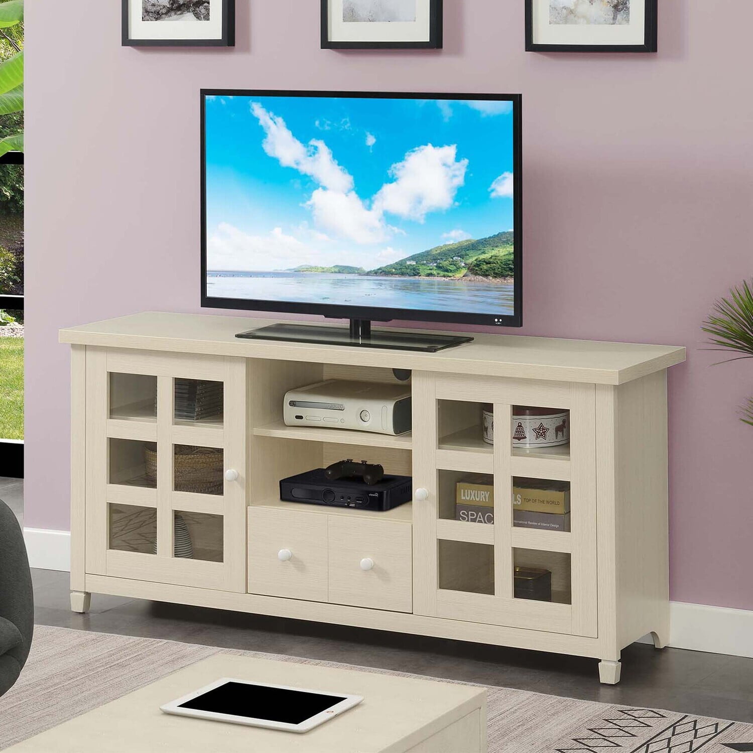 Global Glam 1 Drawer TV Stand, Ivory Finish, Storage Cabinets & Shelves for TVs up to 65 Inches, Tempered Glass for a Sophisticated Look, 4 Tiers of Shelving