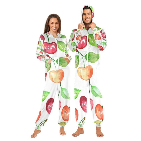 Cherry Cute Adult Onesie Pajamas Slim Fit Christmas One Piece Suit Pjs for Women and Men Hooded Zipper