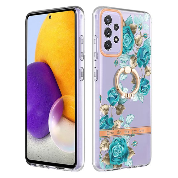 Allytech Galaxy A72 Case Cover, Soft TPU Back Cover with Ring Holder Stand Shockproof Anti-Scratch Slim Fit Bumper Phone Case for Samsung Galaxy A72, Green Flower