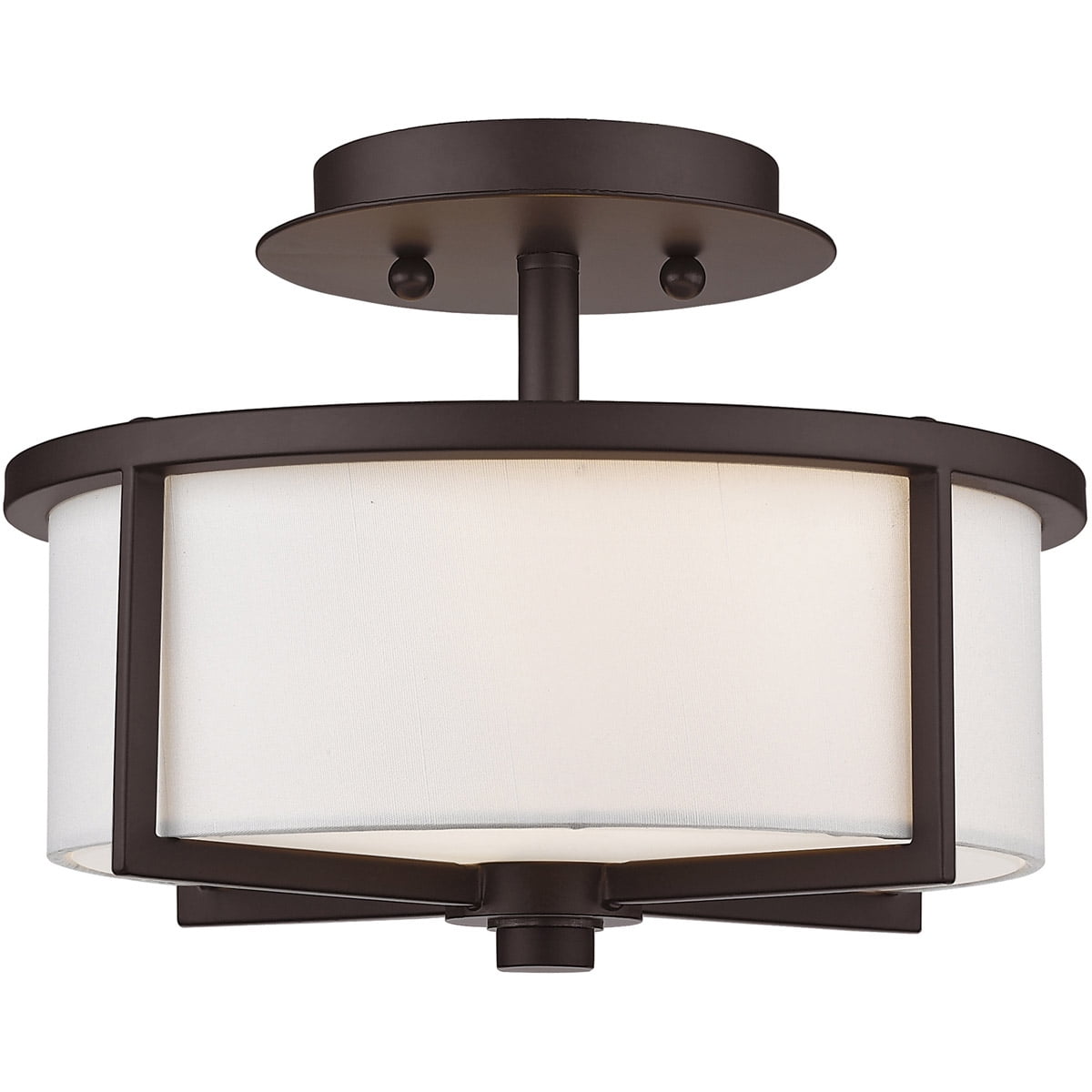 2 Light Bronze Ceiling Light fixture with Hand Crafted Off-White Fabric Hardback Shade