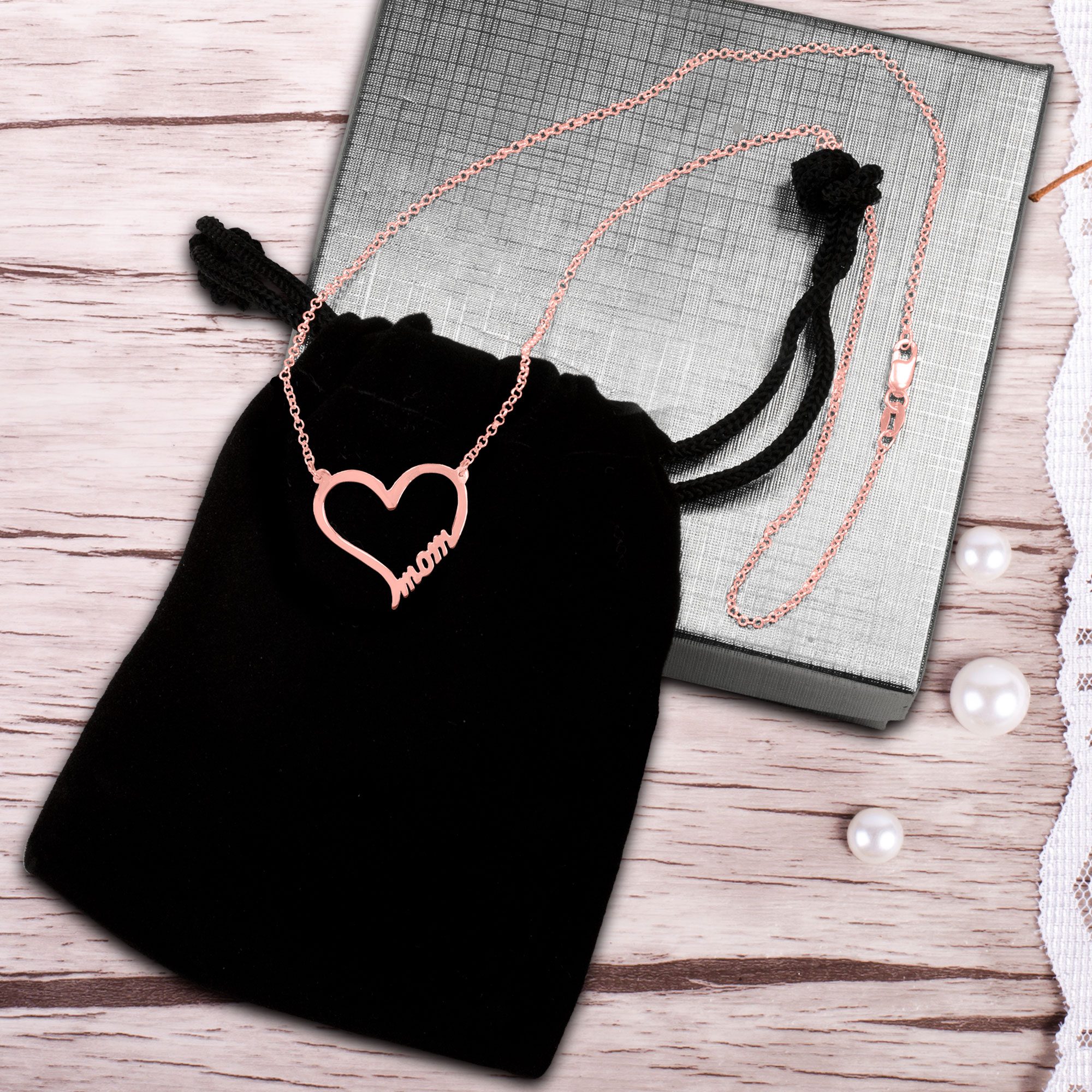 MOM Heart Necklace in Sterling silver. 14K yellow gold plated sterling silver, or 14K rose gold plated sterling silver