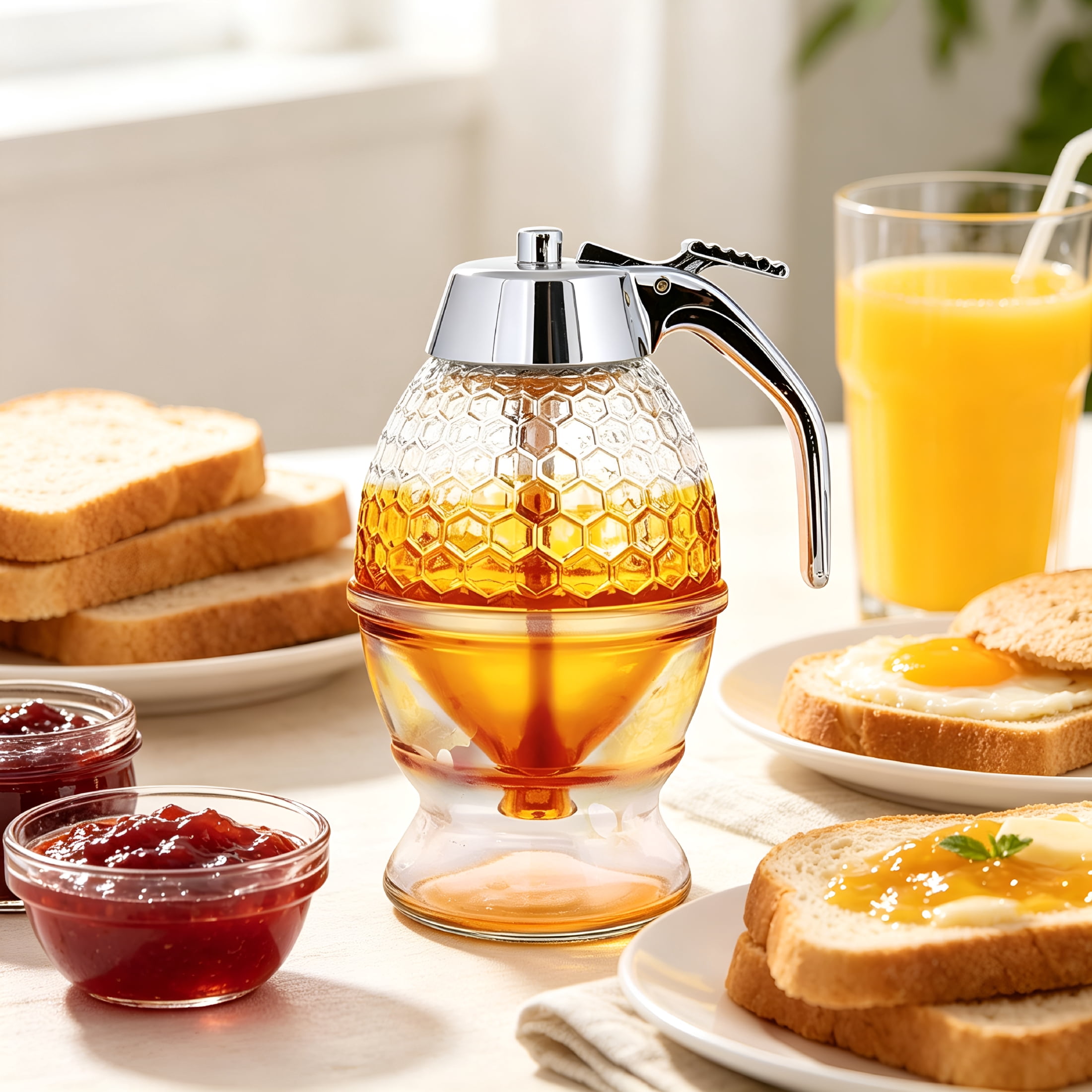 BPPEG 8Oz No Drip Glass Honey Dispenser with Plastic Top Honeycomb-Style Syrup Server and Bee-Themed Storage Jar with Stand 6"